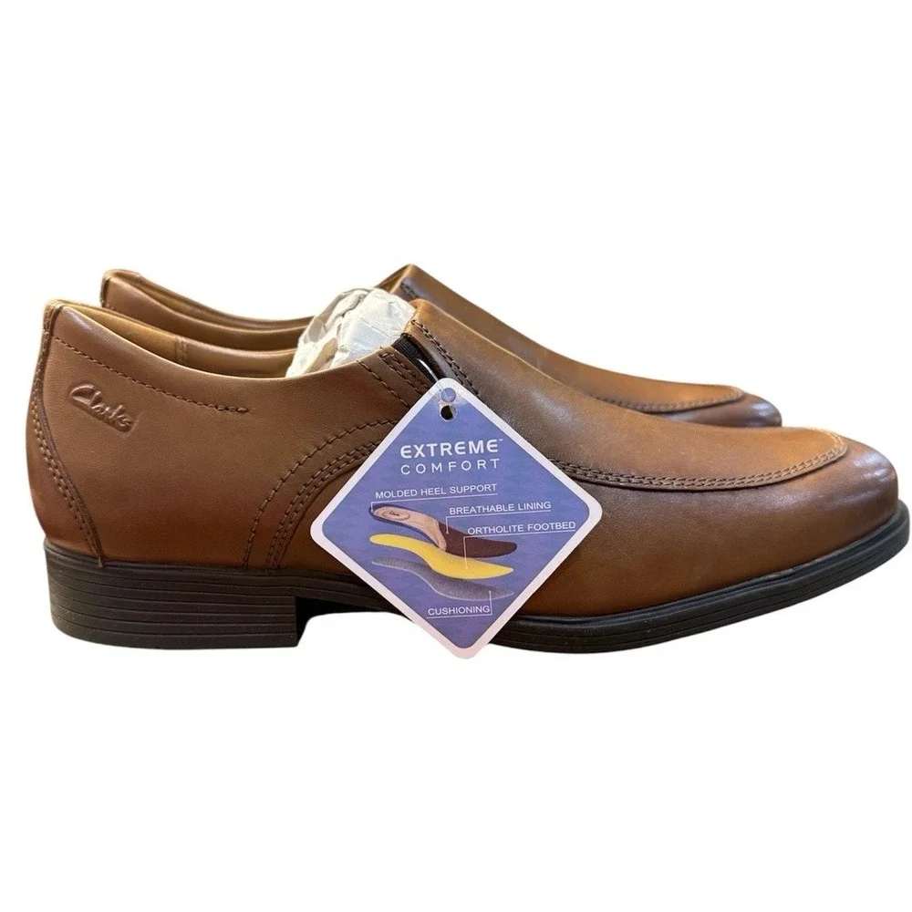 Clarks Mens Whiddon Step Dark Tan Leather Loafers‎ Shoes 10.5 Wide Slip On